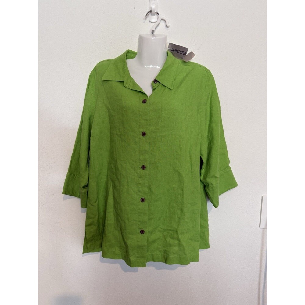 Chico's Top 2 Large No Iron 100% Linen Shirt Green Button Up 3/4 Sleeve New